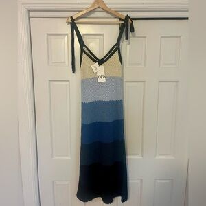 Zara Crochet Midi Dress S Blue & White Stripe NWT
